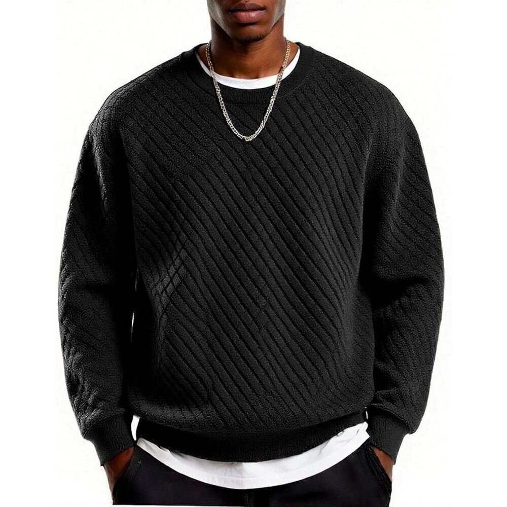 Coofandy Men Black Crewneck Geometric Texture Long Sleeve Sweatshirt